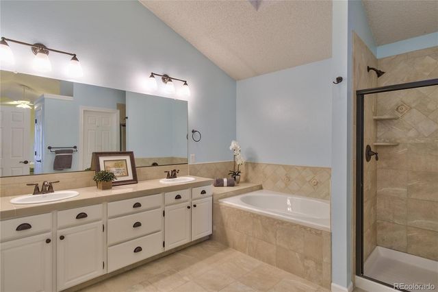 a bathroom with a tub a sink double vanity and a mirror