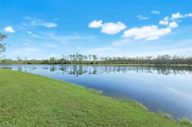 a view of a lake with houses in the back