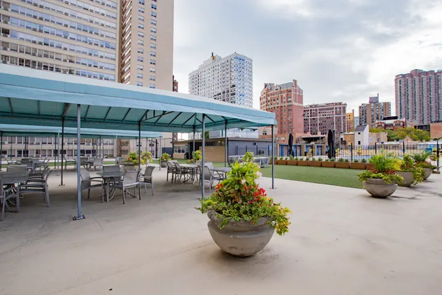 a view of tall buildings