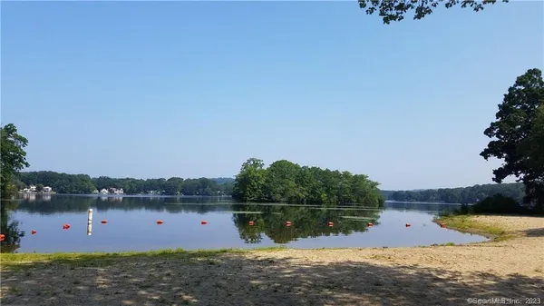 a view of a lake with houses in the back