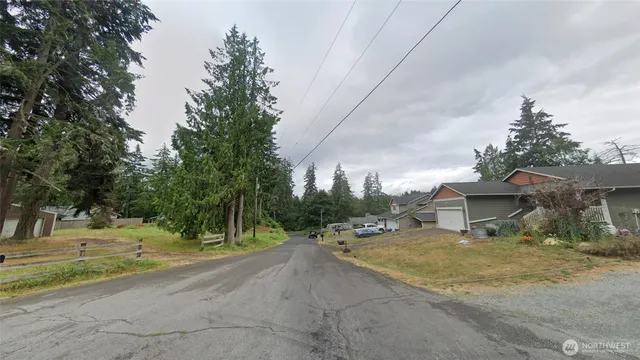 a view of a swimming pool and trees in the background