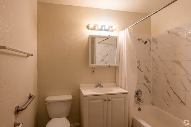 a bathroom with a sink a toilet and shower