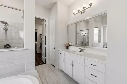 a bathroom with a double vanity sink mirror and shower