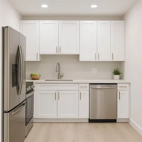 a kitchen with white cabinets and refrigerator