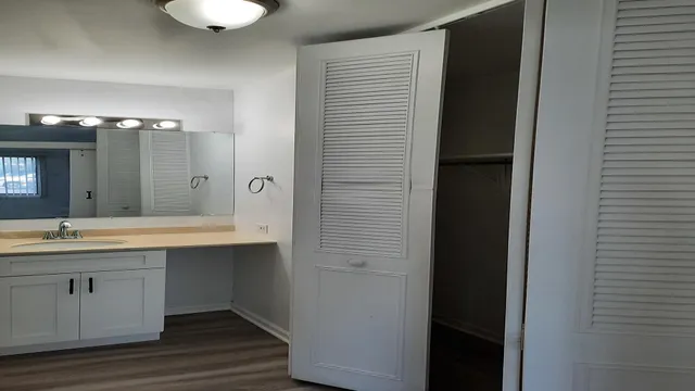 a bathroom with a double vanity sink and mirror