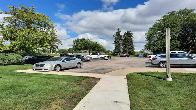 a view of the garden with parked cars