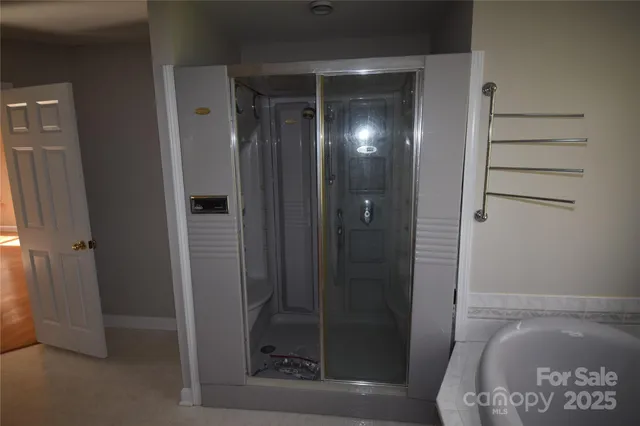 a bathroom with a shower and toilet