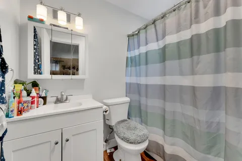 a bathroom with a sink a toilet and shower