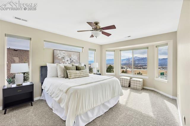 13884 Windy Oaks Road Colorado Springs, CO 80921 - Photo 13 of 21 Carpeted bedroom featuring a mountain view, baseboards, and visible vents