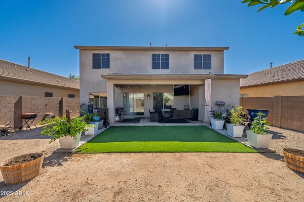 an aerial view of a house with garden