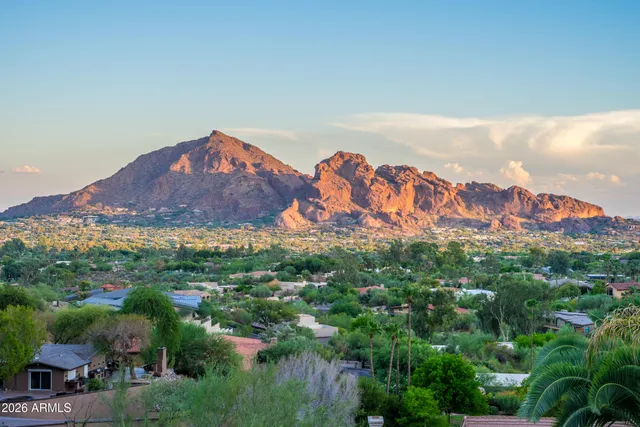 a view of a city with a mountain in the background