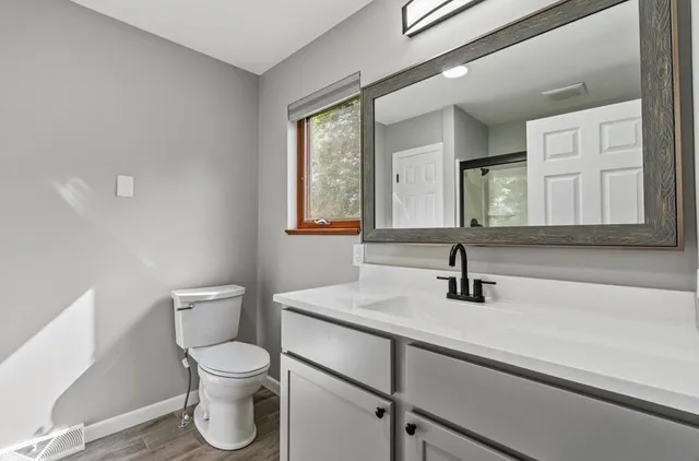 a bathroom with a toilet sink and mirror