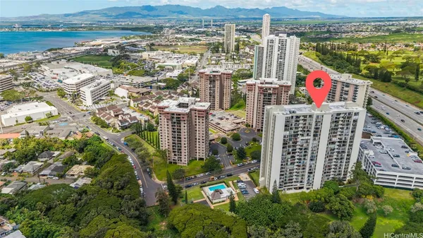 an aerial view of city water and city view
