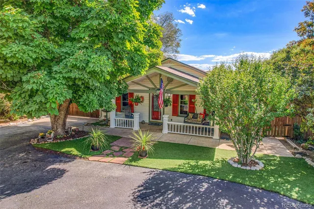 a view of a yard with plants and trees