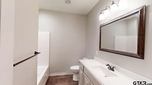 a bathroom with a sink a toilet and mirror