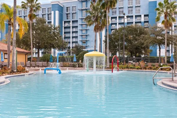 an aerial view of a swimming pool