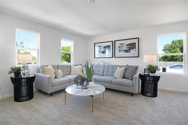 a living room with furniture potted plant and window