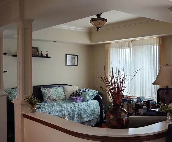 a living room with furniture and a potted plant