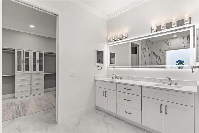 a bathroom with a double vanity sink a mirror and a shower