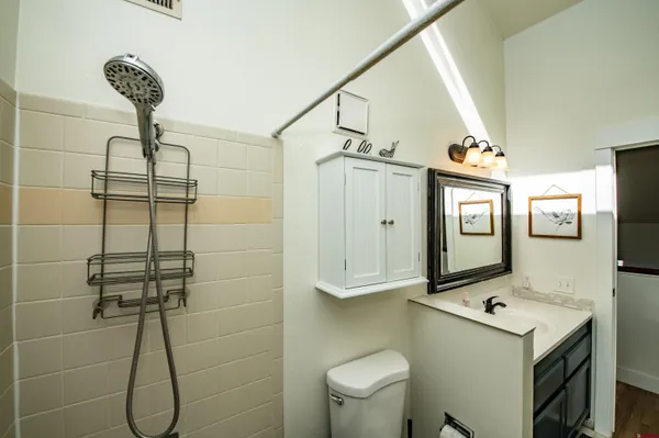 a bathroom with a sink a toilet and shower