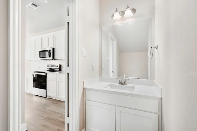 a bathroom with a sink and a mirror
