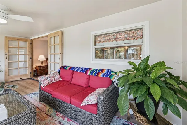a living room with furniture plant and a window