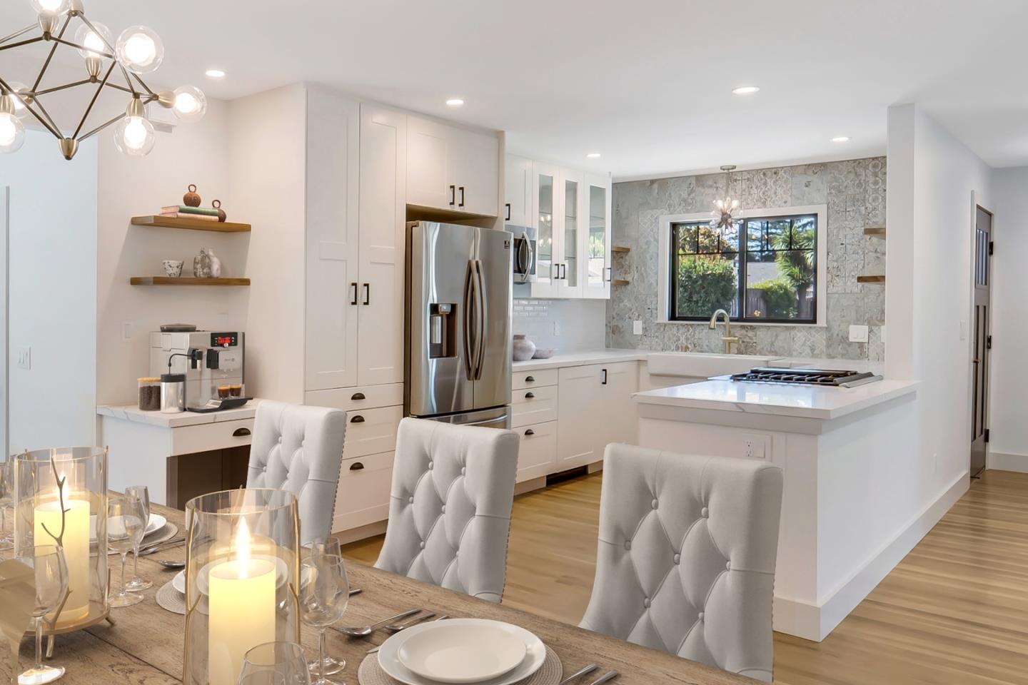 890 Quintinia Drive Sunnyvale, CA 94086 - Photo 6 of 37 a kitchen with stainless steel appliances kitchen island granite countertop a refrigerator a sink dishwasher a dining table and chairs with wooden floor