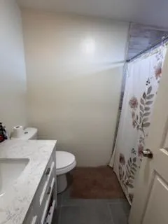 a bathroom with a sink mirror vanity and toilet