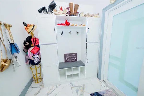 a bathroom with a sink and a shower curtain