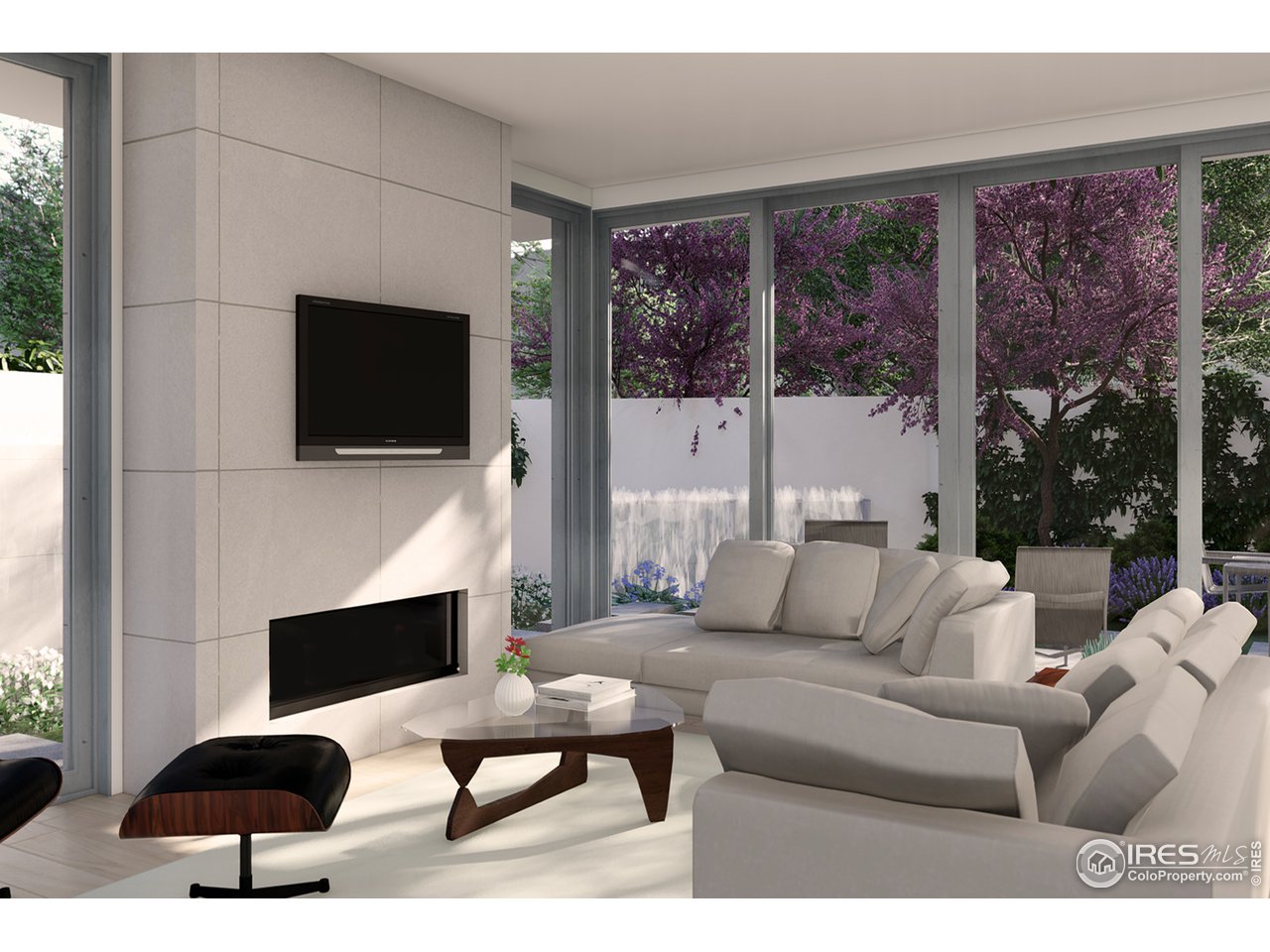 2805 Broadway, Unit E Boulder, CO 80304 - Photo 3 of 12 a living room with furniture a floor to ceiling window and a flat screen tv