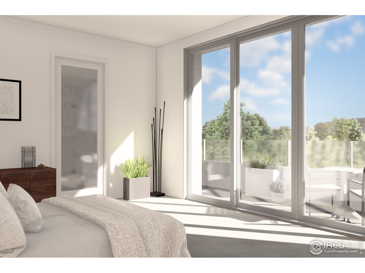 2805 Broadway, Unit E Boulder, CO 80304 - Photo 6 of 12 a bedroom with a bed and glass door