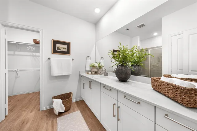 a bathroom with a sink and a potted plant