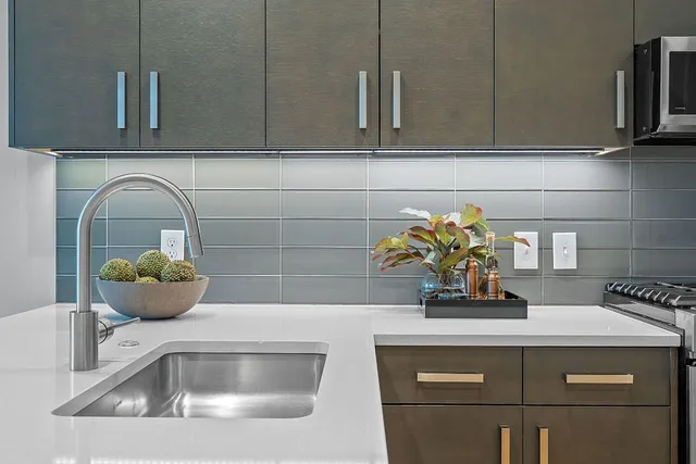 a kitchen with a sink and a potted plant