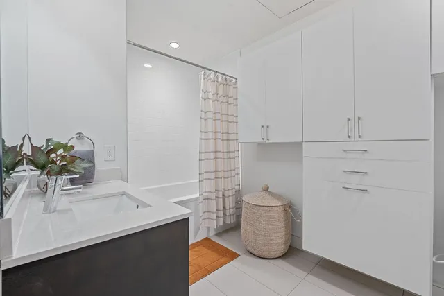 a room with a sink and a potted plant