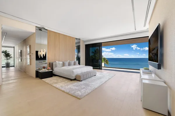 a spacious bedroom with a large bed and a large window