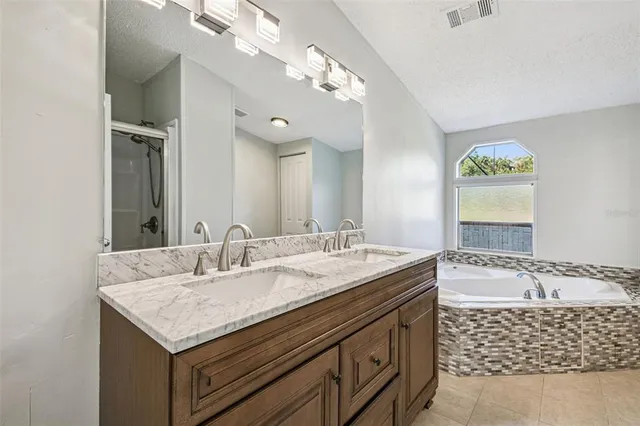 a bathroom with a granite countertop double vanity sink and a mirror