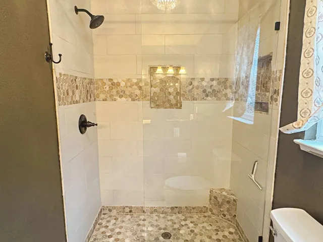 a bathroom with a shower toilet and sink