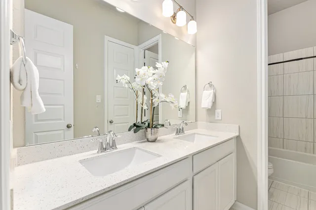 a bathroom with a sink double vanity granite and a mirror