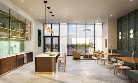 a living room with patio furniture and a large window