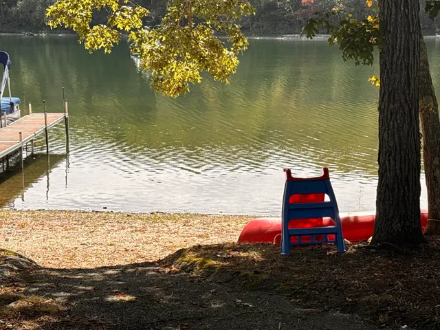 a view of a lake with a yard