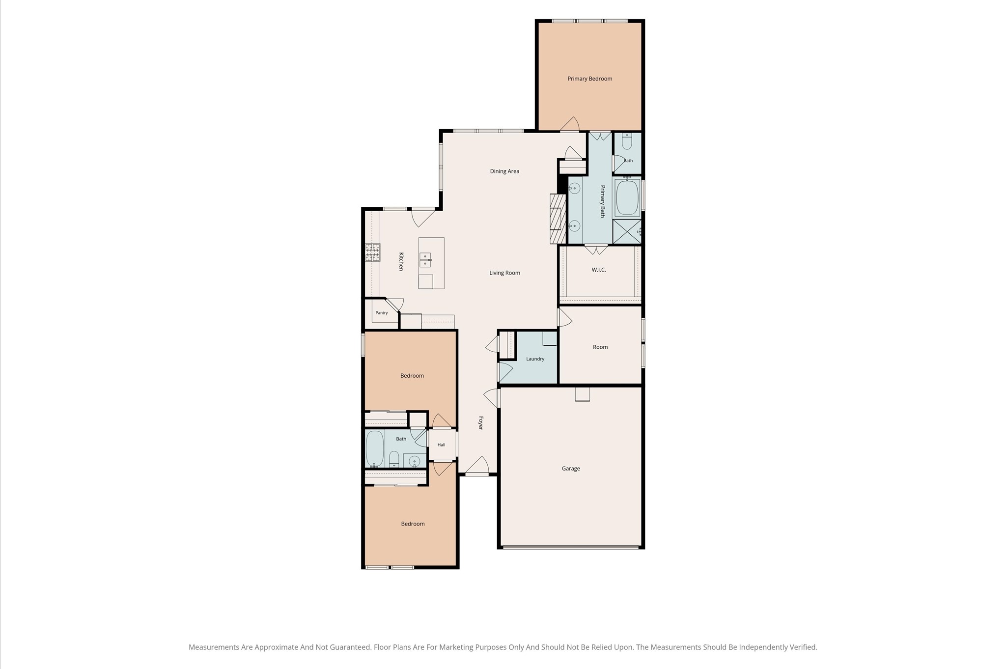 3510 Whitman Drive Rosharon, TX 77583 - Photo 25 of 25 This floor plan features a spacious layout with three bedrooms, including a primary suite with an ensuite bathroom and walk-in closet. The open-concept living area connects to a kitchen with an island. Additional rooms include a laundry area, a second bathroom, a pantry, and a garage.