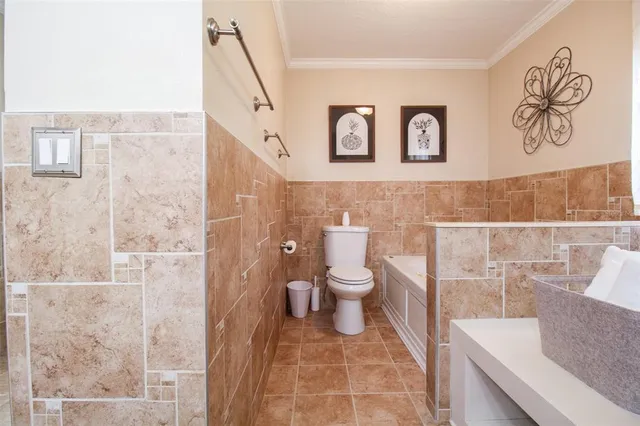 a bathroom with a bathtub and a toilet