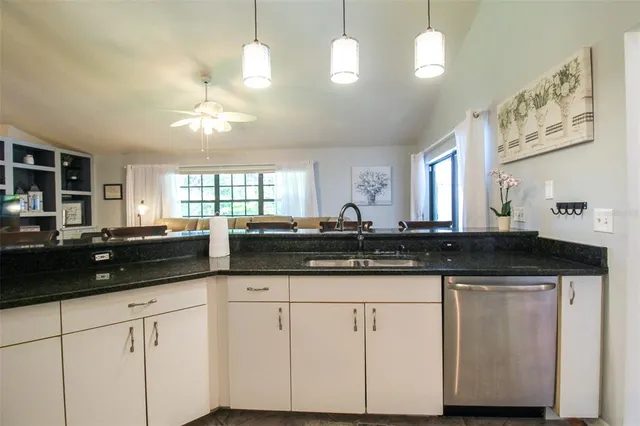 a dining room with shelves
