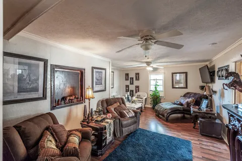 a living room with furniture ceiling fan and a wooden floor