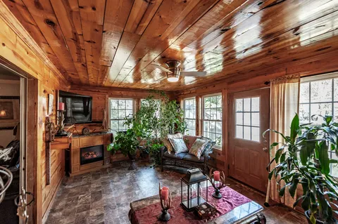 a living room with furniture a flat screen tv and a potted plant