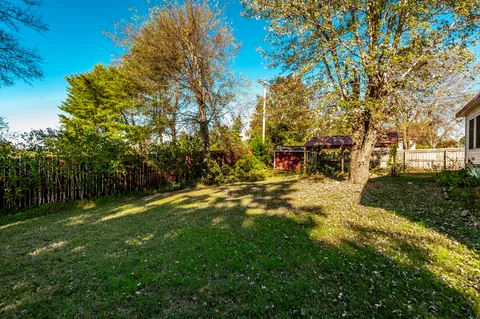 a view of a park with large trees