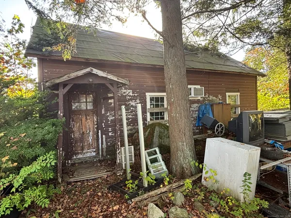 a view of a house with large windows and a tree