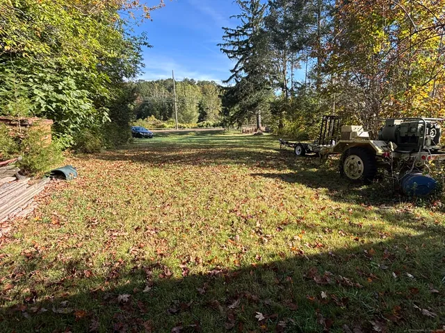 a view of a yard with yellow lighting