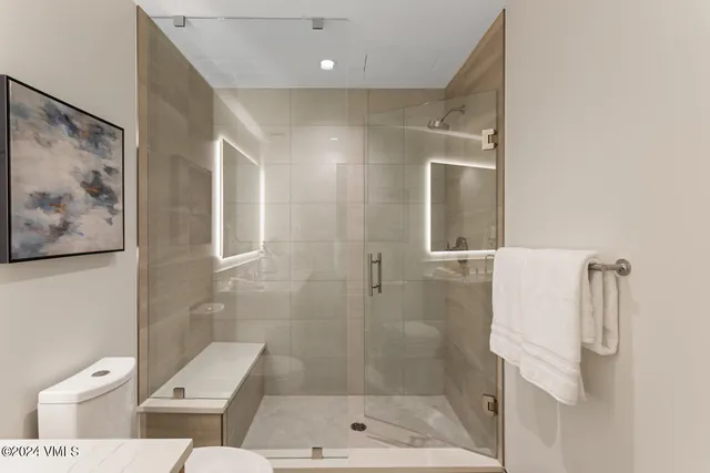 a bathroom with a shower and a toilet