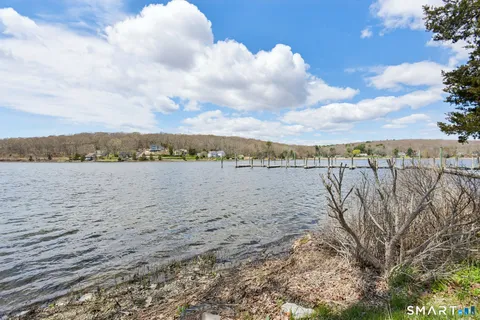 a view of a lake with houses in the back